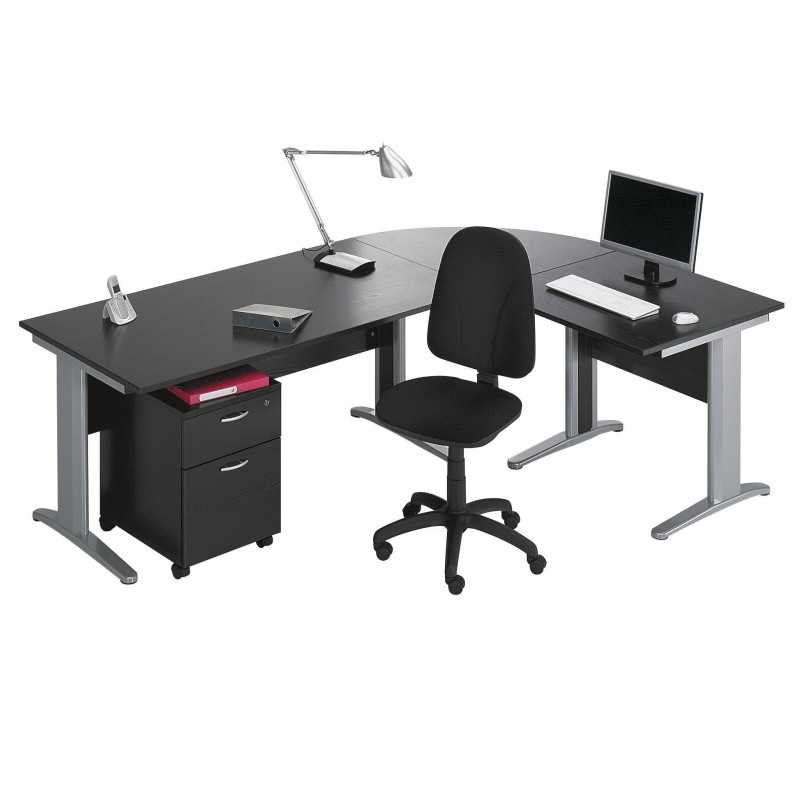 Pack Bureau complet Pronto Métal - Plateau Noir - Pieds L Aluminium + Caisson mobile 2 tiroirs + Siège Team haut dossier Noir