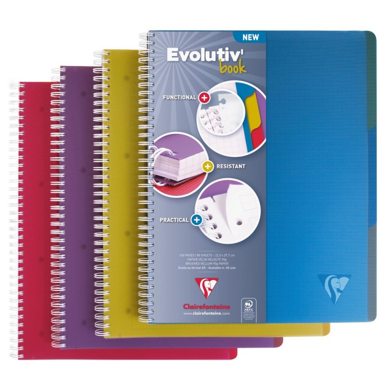 Clairefontaine Cahier à spirale Evolutiv-Book 22,5 x 29,7 cm - 90g - Perforé 4 trous - Petits carreaux 5x5 - 240 pages