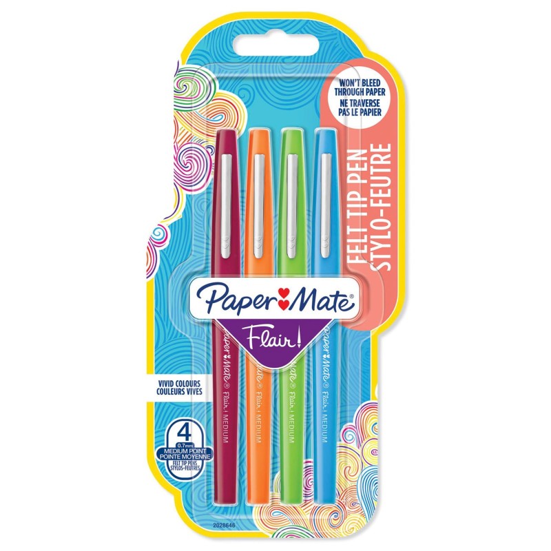 Paper Mate Flair Original Stylo feutre à capuchon pointe moyenne 1 mm - Pochette 4 couleurs Fun