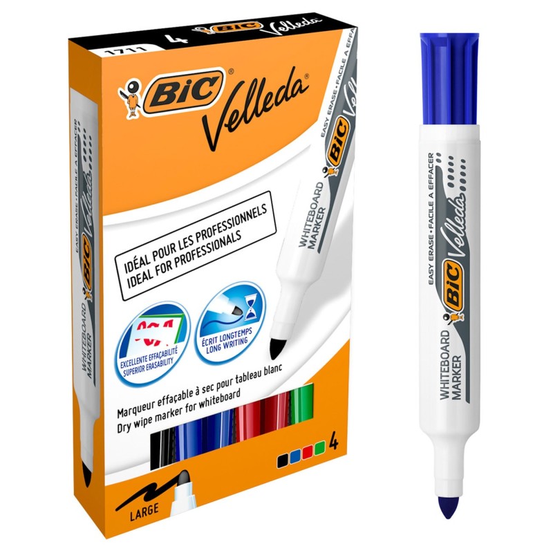 BIC Velleda 1711 Marqueur effaçable tableau blanc pointe ogive 1,9 mm - Pochette 4 couleurs