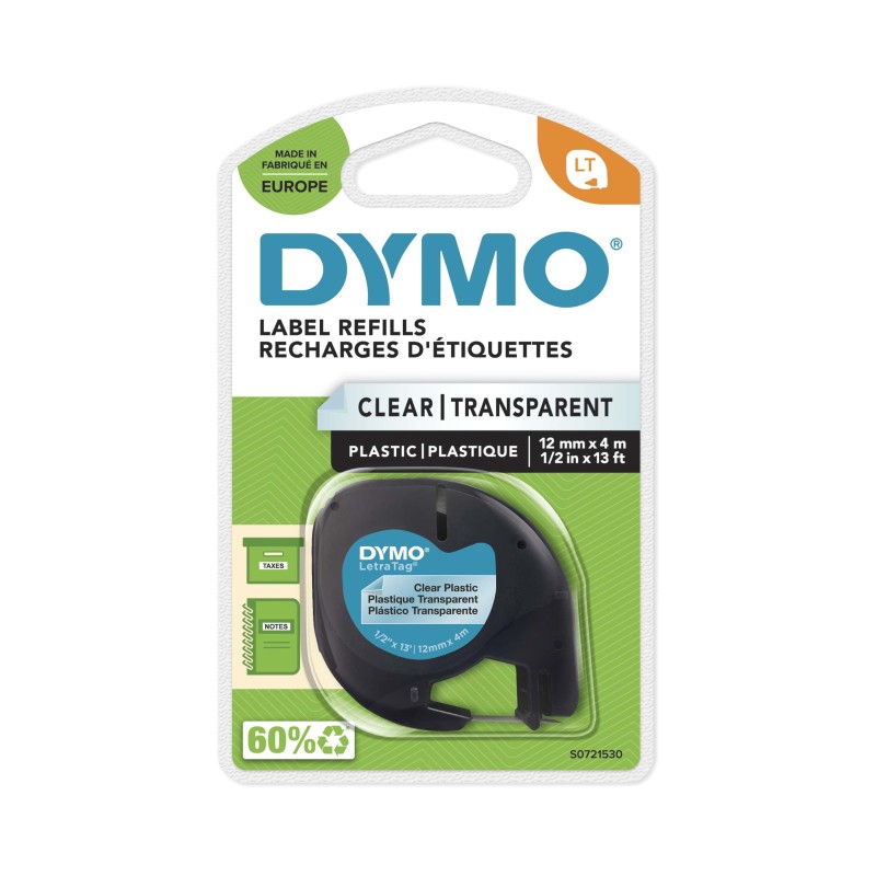 Dymo Ruban LT S0721530 plastique pour étiqueteuse LetraTag - 12 mm x 4 m - Noir sur Transparent