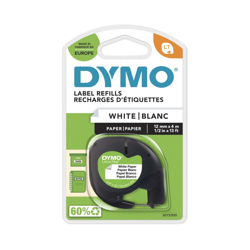 Dymo S0721510 ruban LetraTAG noir sur fond blanc papier 12 mm x 4 m