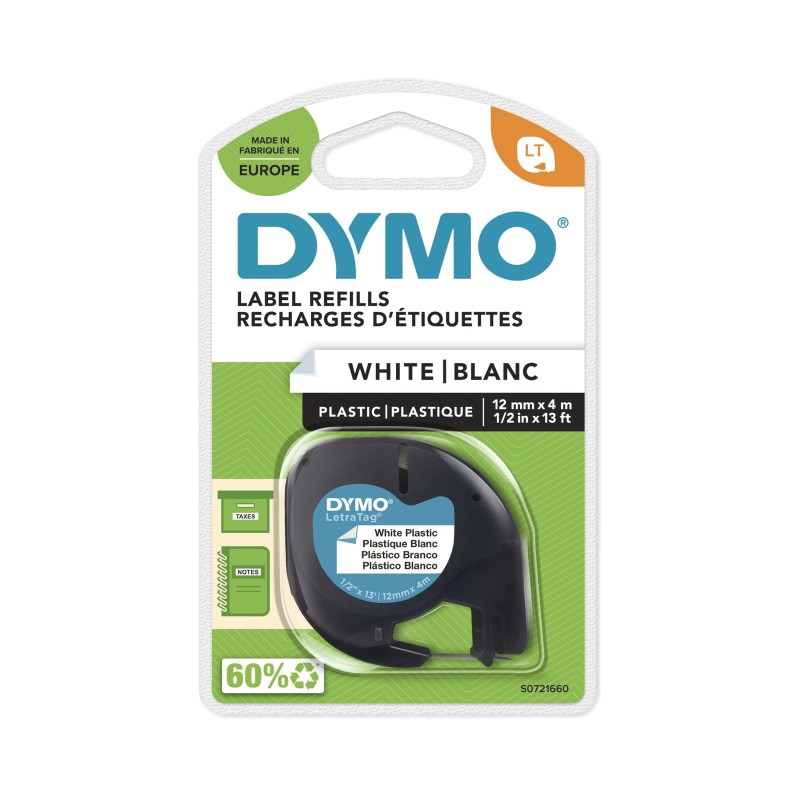 Dymo Ruban LT S0721660 plastique pour étiqueteuse LetraTag - 12 mm x 4 m - Noir sur Blanc
