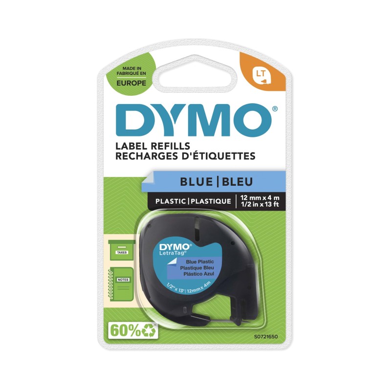 Dymo Ruban LT S0721650 plastique pour étiqueteuse LetraTag - 12 mm x 4 m - Noir sur Bleu