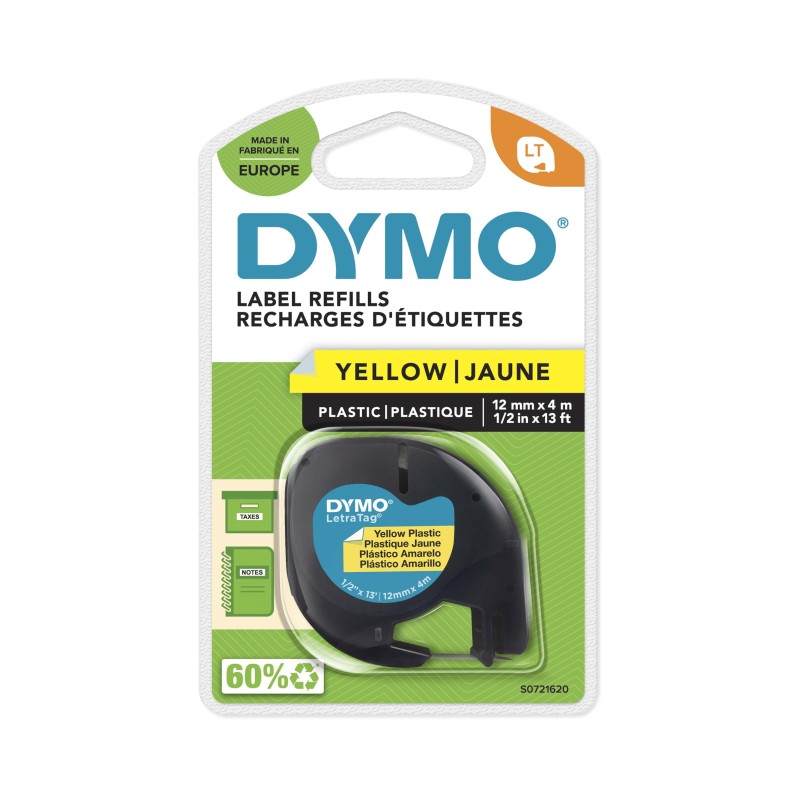 Dymo Ruban LT S0721620 plastique pour étiqueteuse LetraTag - 12 mm x 4 m - Noir sur Jaune