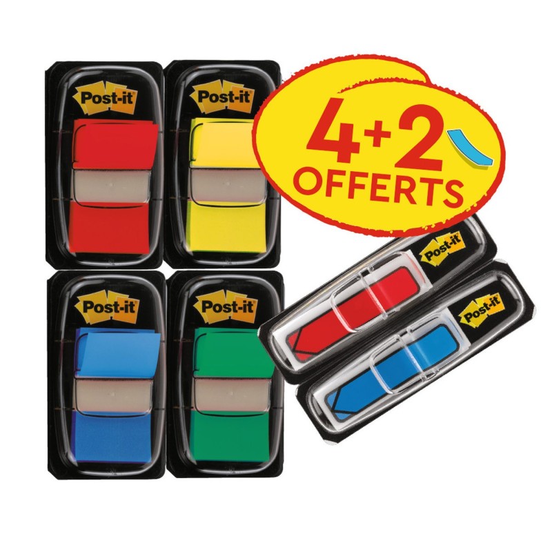 Post-it Marque-pages taille moyenne Lot de 4 x 50 avec distributeur + 2 étuis de petites flèches offerts - Couleurs Assorties