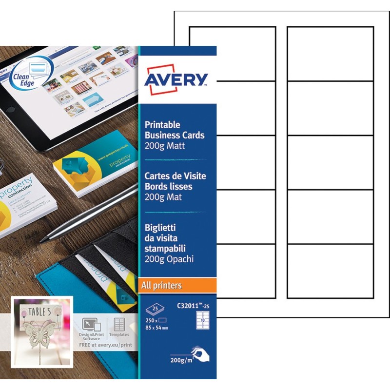 Avery C32011-25 - Cartes de visite blanches à bords lisses 85 x 54 mm - Impression laser, jet d'encre, copieur