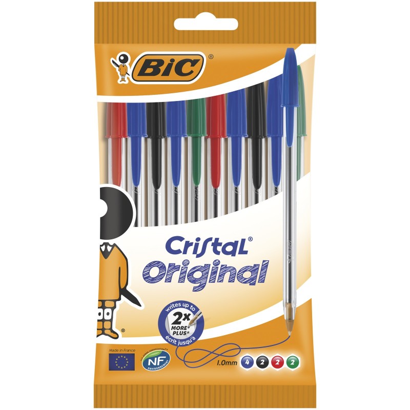BIC Cristal Original Stylo bille à capuchon pointe moyenne 1 mm - 4 couleurs assorties - Pochette de 10