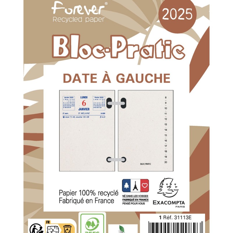 Exacompta Bloc éphéméride - Date à gauche - Papier 100% Recyclé - 2025