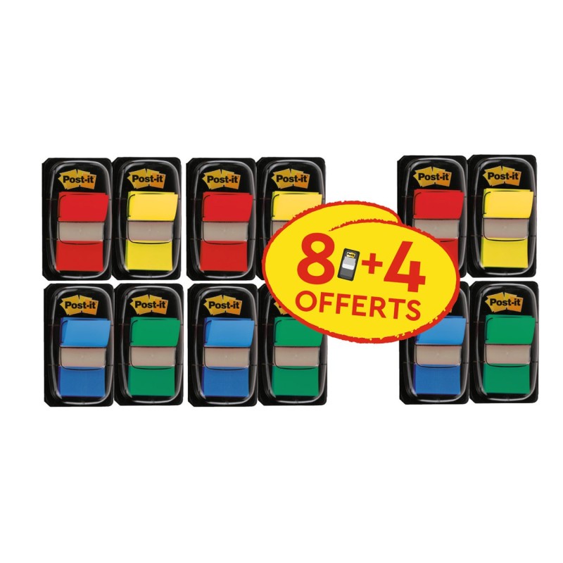 Post-it Marque-pages taille moyenne Lot de 8 x 50 avec distributeur + 4 étuis offerts - Couleurs Assorties