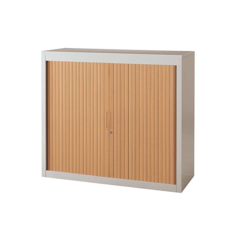 Armoire à rideaux métal Officlass - H.100 x L.120 cm - Corps Gris - Rideaux Hêtre