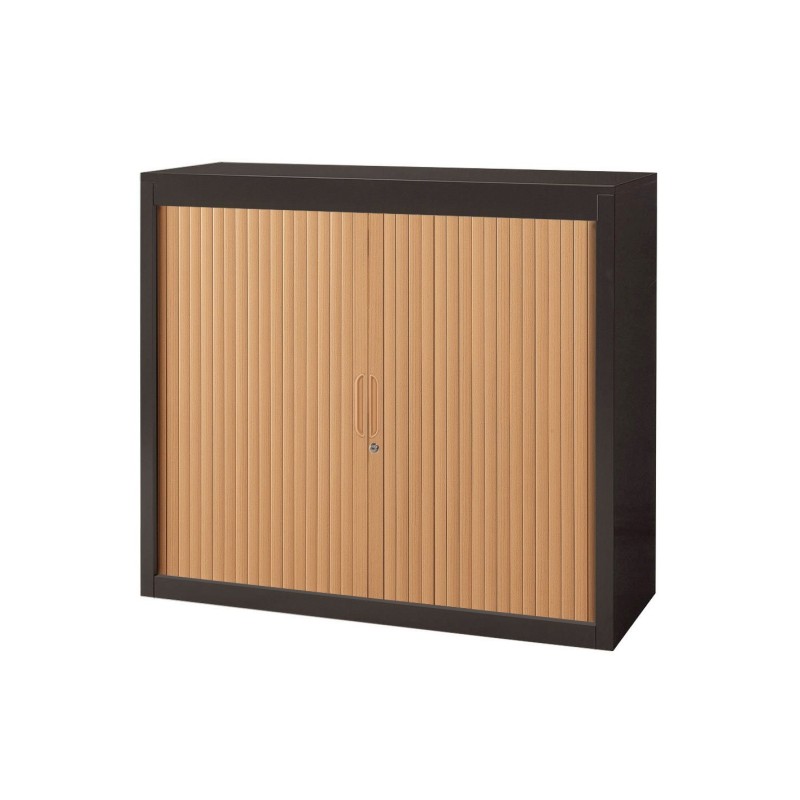 Armoire à rideaux métal Officlass - H.100 x L.120 cm - Corps Anthracite - Rideaux Hêtre