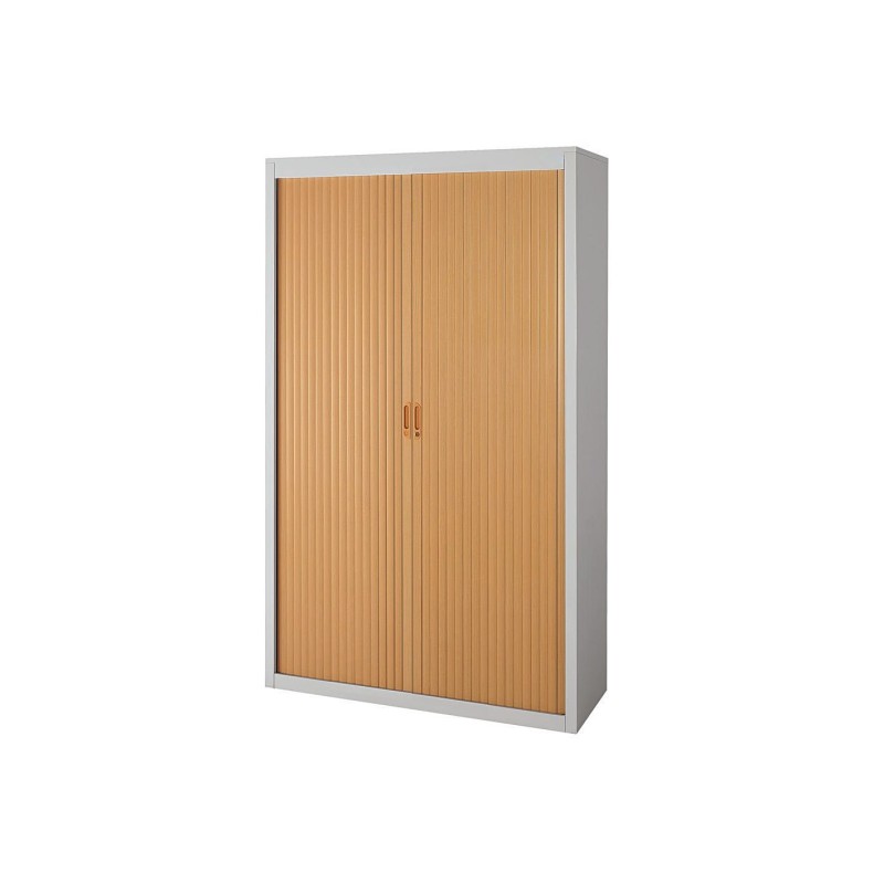 Armoire à rideaux métal Officlass - H.200 x L.120 cm - Corps Gris - Rideaux Hêtre