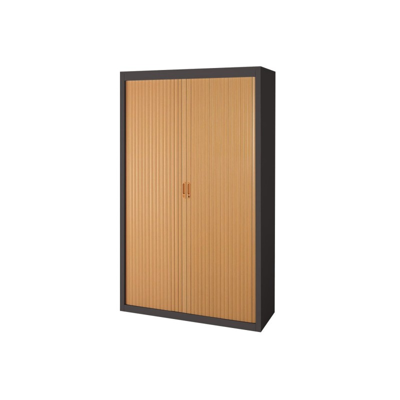 Armoire à rideaux métal Officlass - H.200 x L.120 cm - Corps Anthracite - Rideaux Hêtre