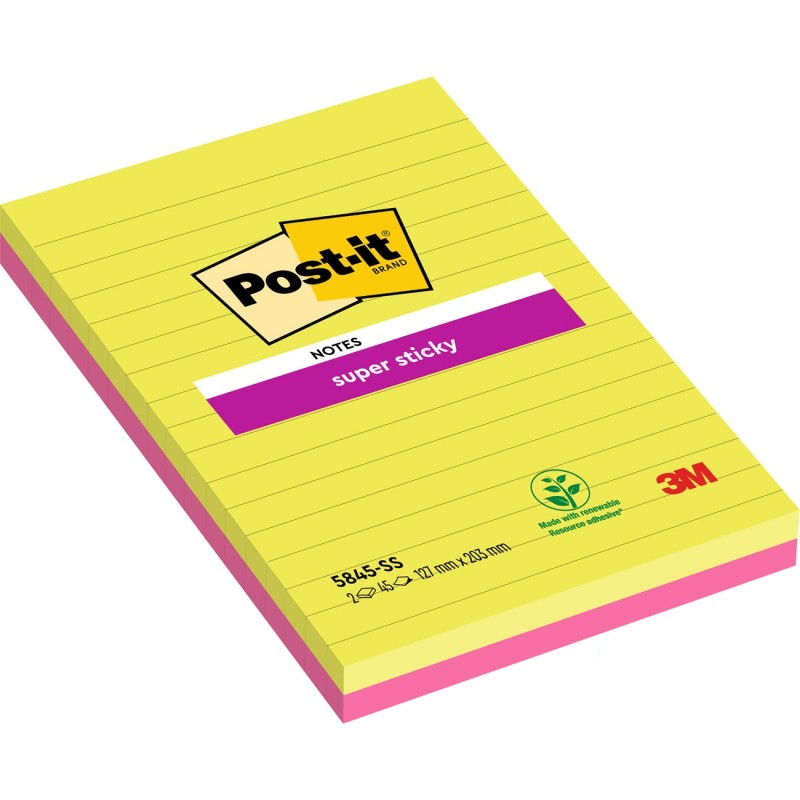 Post-it Notes Repositionnables Super Sticky Grand Rectangle 125 x 200 mm Vert et Fuchsia  - 2 blocs de 45 Feuilles