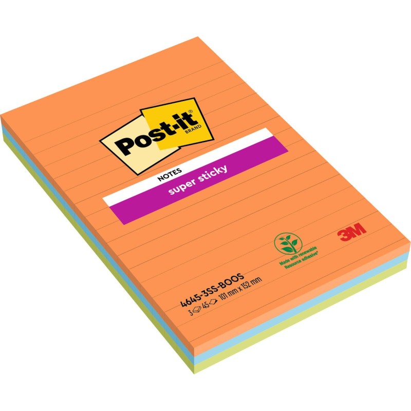 Post-it Note de Réunion Super Sticky Lignées Rectangle 102 x 152 mm Assortis Vifs - lot de 3 blocs de 45 Feuilles