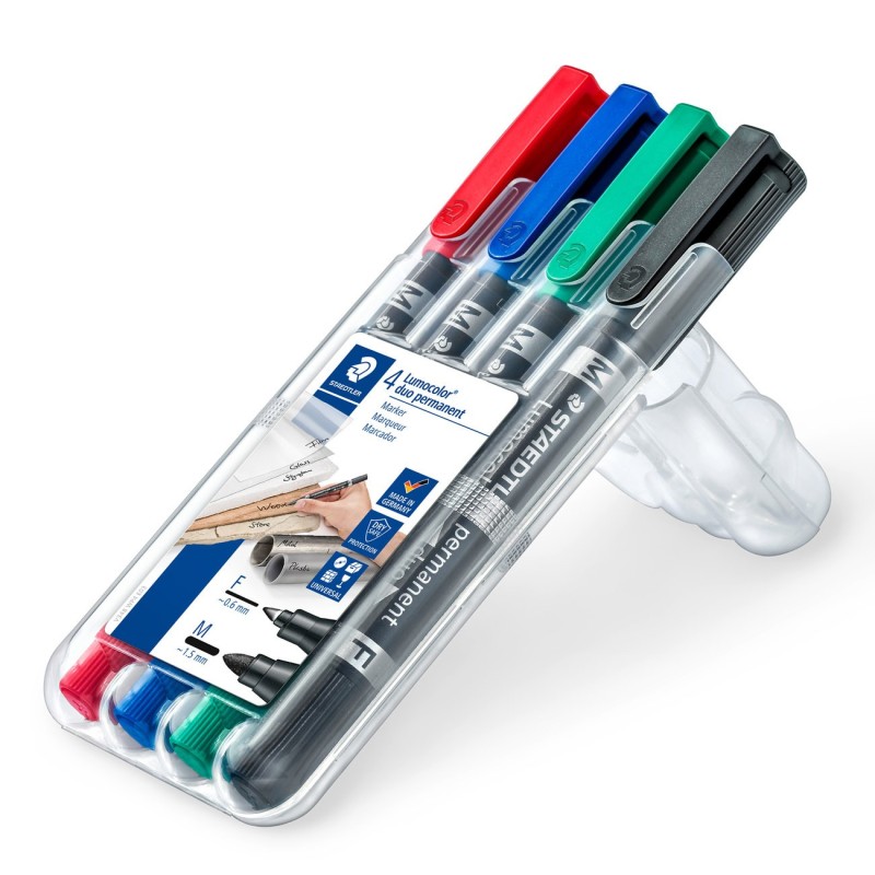 STAEDTLER Lumocolor Marqueur permanent Duo pointes ogives fine et moyenne (0,6 mm et 1,5 mm) - 4 couleurs assorties