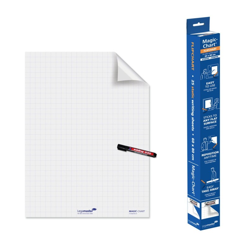 Legamaster Feuilles électrostatiques Magic-Chart - Version quadrillée - Rouleau de 25 feuilles - L.60 x H.80 cm