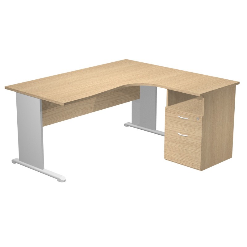 Pack Bureau d'angle compact retour à droite Pronto Bois - L.160 x P.100 cm - Plateau Chêne - Pieds L Aluminium + Caisson hauteur bureau