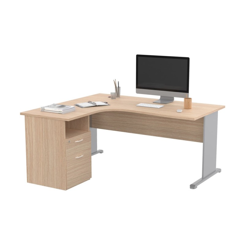 Pack Bureau d'angle compact retour à gauche Pronto Bois - L.160 x P.100 cm - Plateau Chêne - Pieds L Aluminium + Caisson hauteur bureau