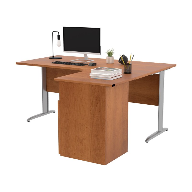 Pack Bureau d'angle compact retour à droite Pronto Métal - L.160 x P.100 cm - Plateau Aulne - Pieds L Aluminium + Caisson hauteur bureau