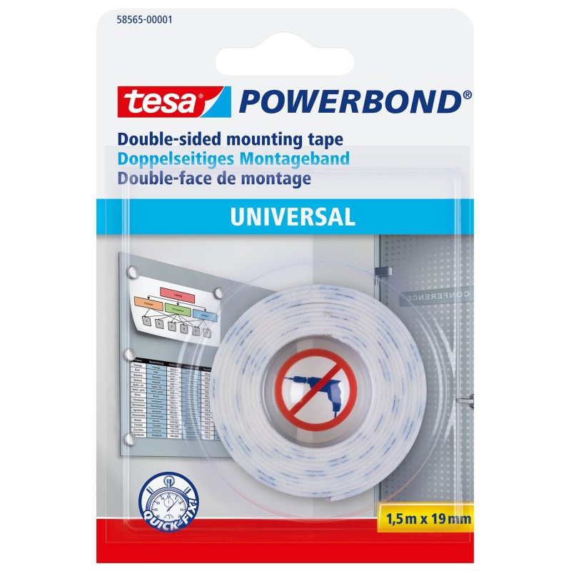 tesa® Rouleau de fixation blanc double face Powerbond® Universal 19 mm x 1,5 m 58565