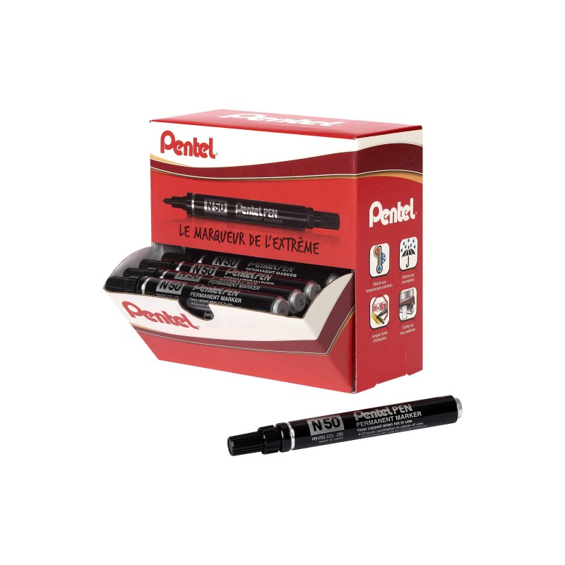 Pentel N50 - Marqueur permanent pointe ogive trait 1,5 mm - Noir - Boîte de 36