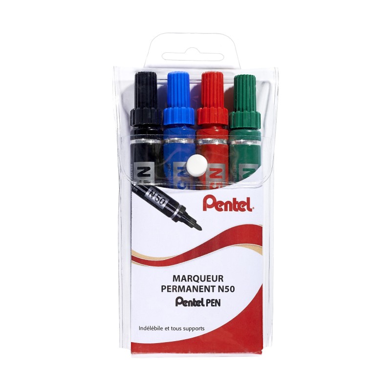 Pentel N50 - Marqueur permanent pointe ogive trait 1,5 mm - 4 couleurs assorties