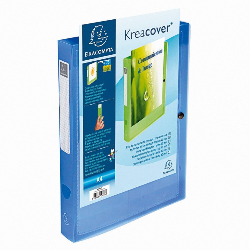 Exacompta Boîte de classement A4 Kreacover Fermeture pression - Polypropylène chromaline 7/10E - Dos 4 cm - Bleu