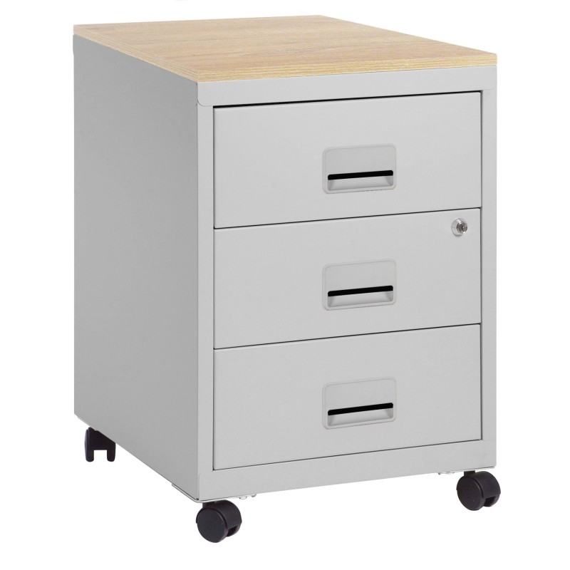 Caisson mobile Pratic Plus 3 tiroirs - top Hêtre - corps Aluminium
