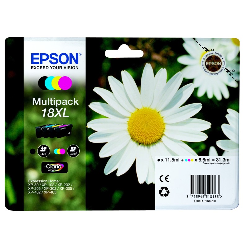 Epson 18 XL "Pâquerette" Cartouche d'encre originale grande capacité Claria Home C13T18164012 - Pack de 4 (Noir, Cyan, Magenta, Jaune)
