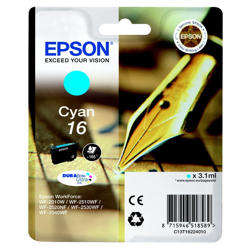 Epson 16 "Stylo à plume" Cartouche d'encre originale DURABrite Ultra C13T16224012 - Cyan