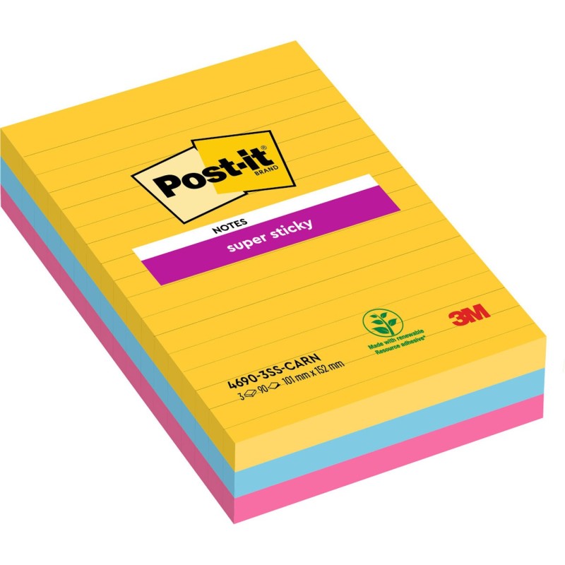 Post-it Bloc de notes Super Sticky lignées 101 x 152 mm couleurs ultra assorties - lot de 3 blocs de 90 feuilles