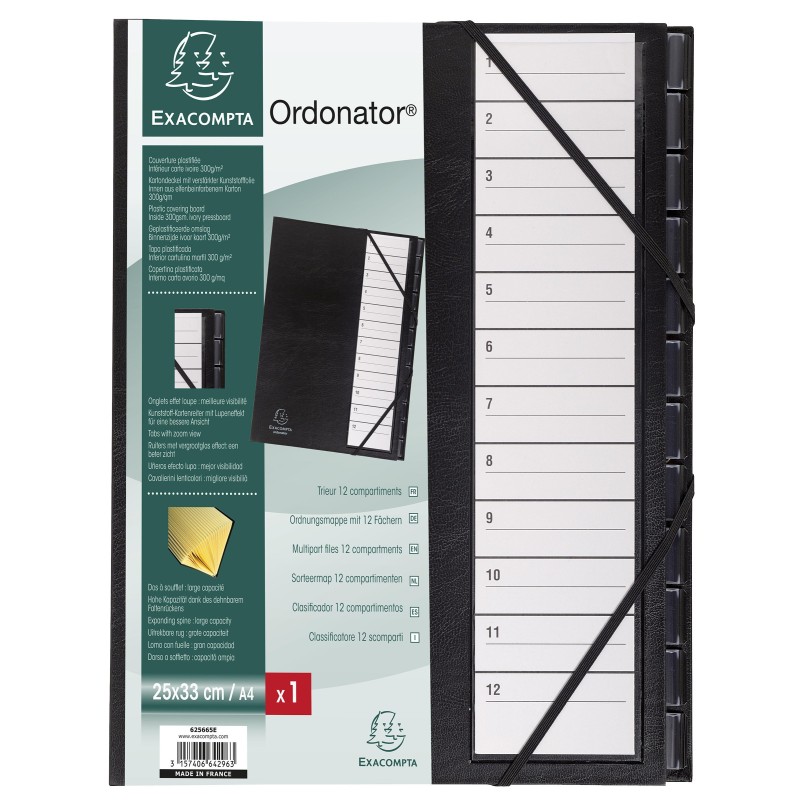 Exacompta Trieur Ordonator à élastiques - cavaliers plastiques numérotés 12 divisions - Noir
