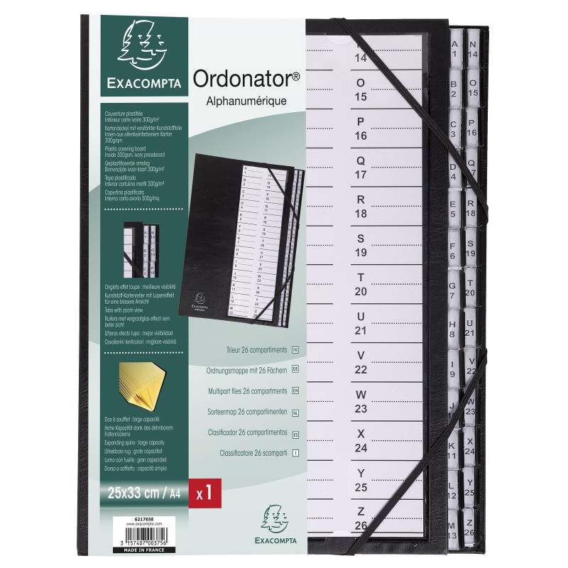 Exacompta Trieur Ordonator à élastiques - cavaliers plastiques alphabétiques 26 divisions - Noir