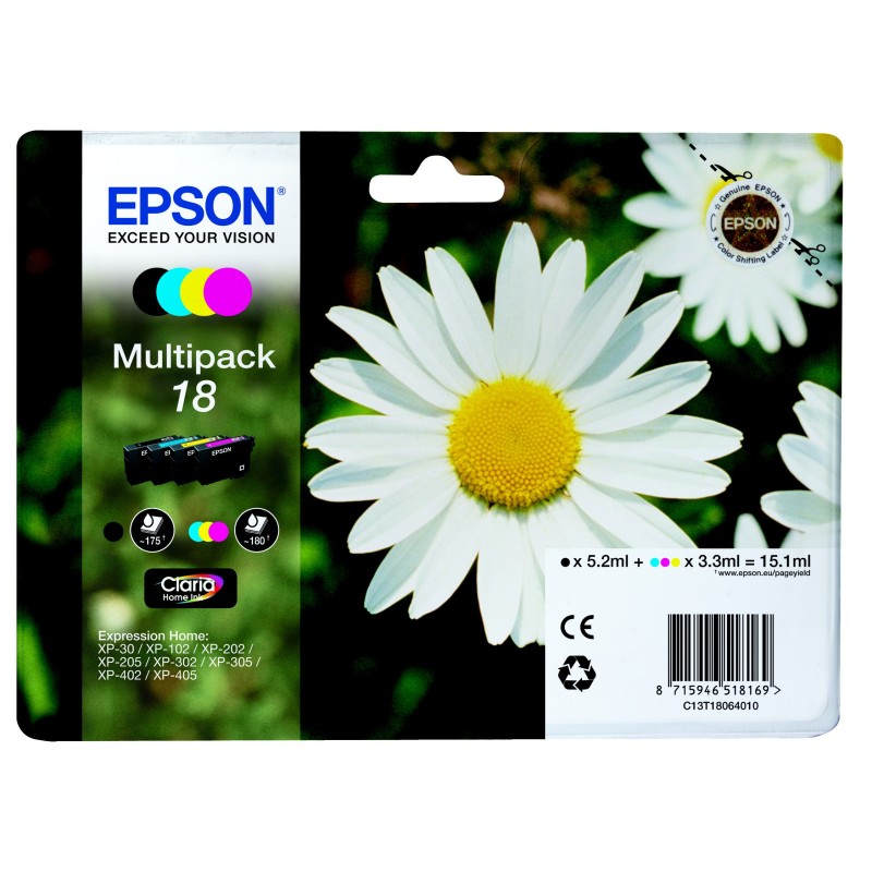 Epson 18 "Pâquerette" Cartouche d'encre originale Claria Home C13T18064012 - Pack de 4 (Noir, Cyan, Magenta, Jaune)