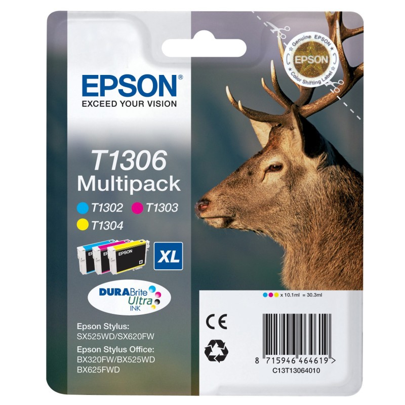 Epson T1306 ''Cerf'' Cartouche d'encre originale DURABrite Ultra C13T13064012 - Pack de 3 (Cyan, Magenta, Jaune)