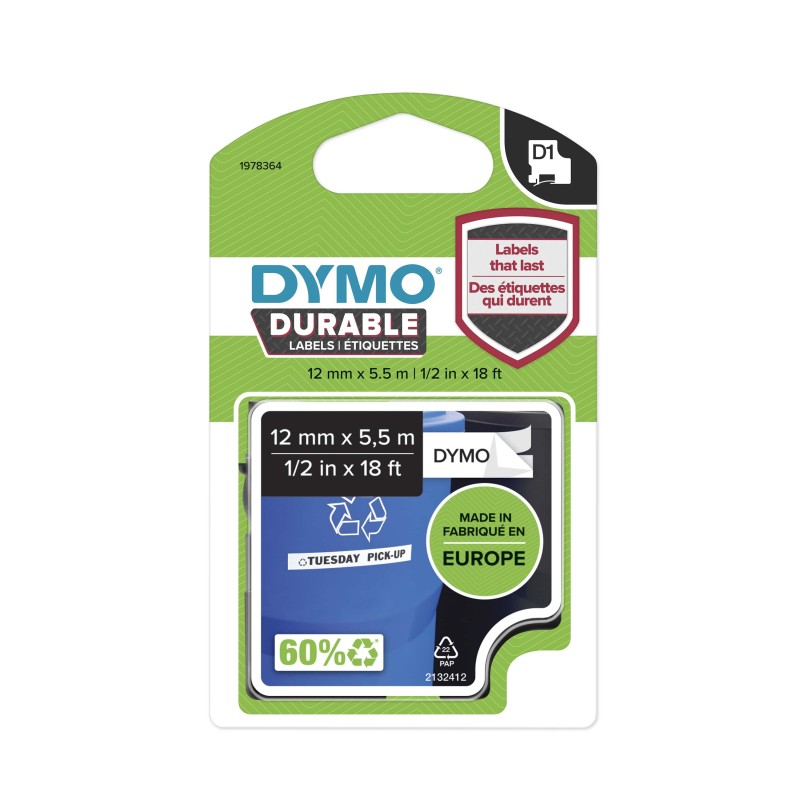 Dymo Ruban D1 durable 1978364 pour étiqueteuse - 12 mm x 5,5 m - Noir sur Blanc