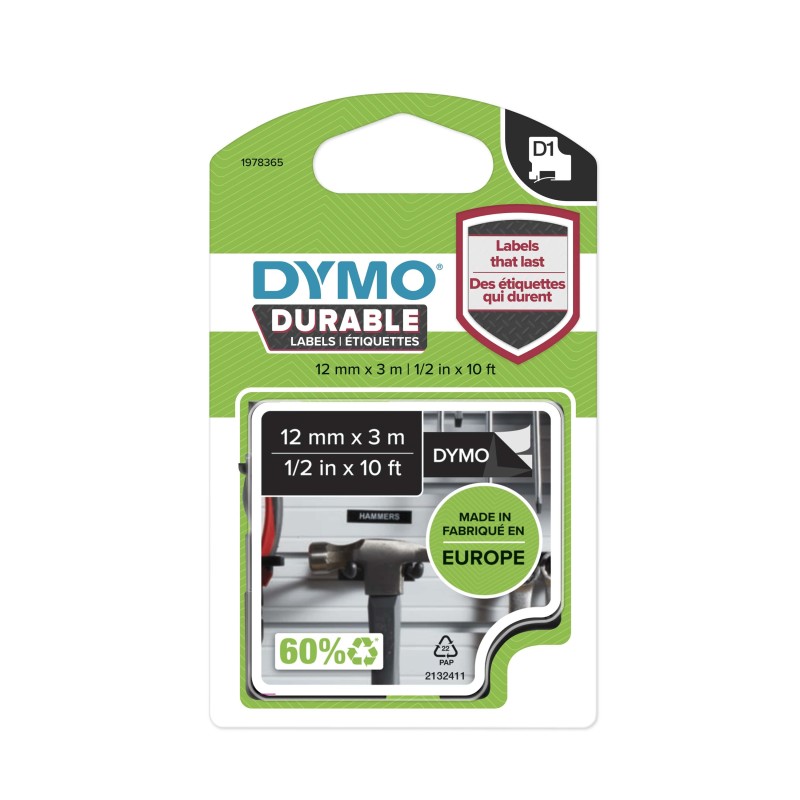 Dymo Ruban D1 durable 1978365 pour étiqueteuse - 12 mm x 3 m - Blanc sur Noir