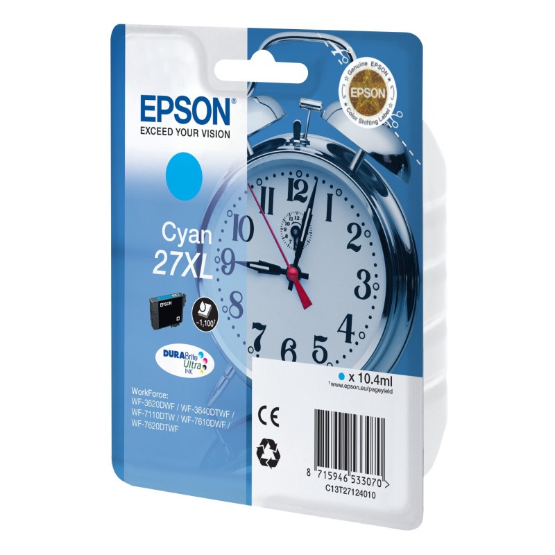 Epson 27 XL "Réveil" Cartouche d'encre originale grande capacité DURABrite Ultra C13T27124012 - Cyan