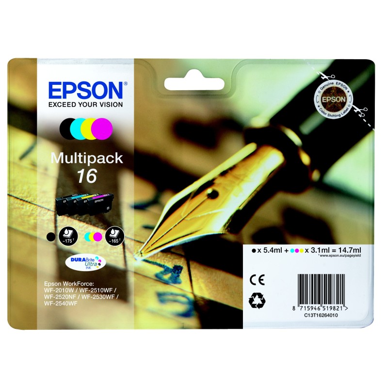 Epson 16 "Stylo à plume" Cartouche d'encre originale DURABrite Ultra C13T16264012 - Pack de 4 (Noir, Cyan, Magenta, Jaune)