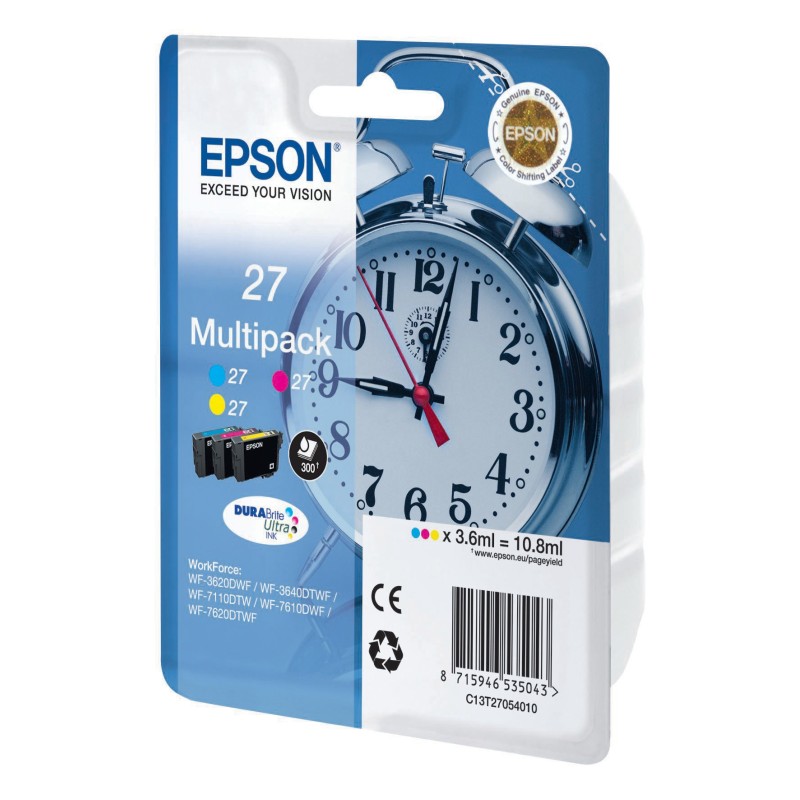 Epson 27 "Réveil" Cartouche d'encre originale DURABrite Ultra C13T27054012 - Pack de 3 (Cyan, Magenta, Jaune)