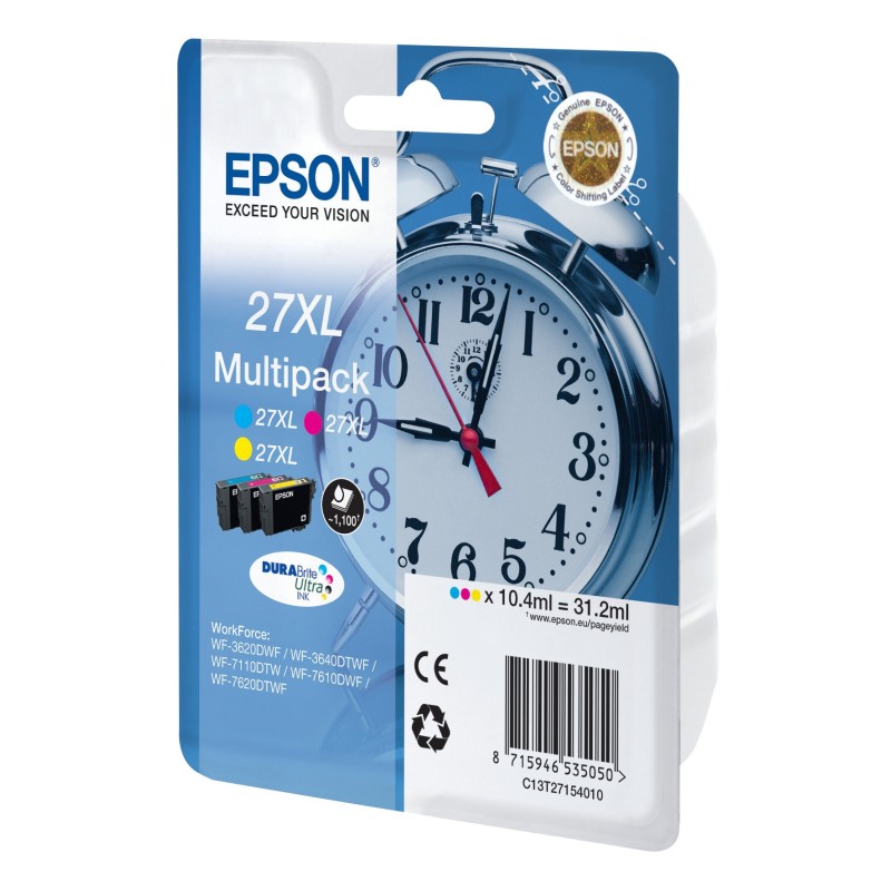 Epson 27 XL "Réveil" Cartouche d'encre originale DURABrite Ultra C13T27154012 - Pack de 3 (Cyan, Magenta, Jaune)