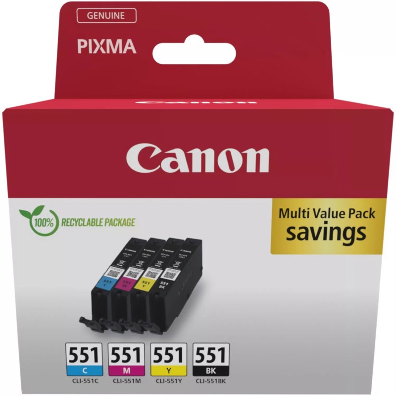 Canon CLI-551 Cartouche d'encre authentique 6509B015 - Pack de 4 (Noir, Cyan, Magenta, Jaune)