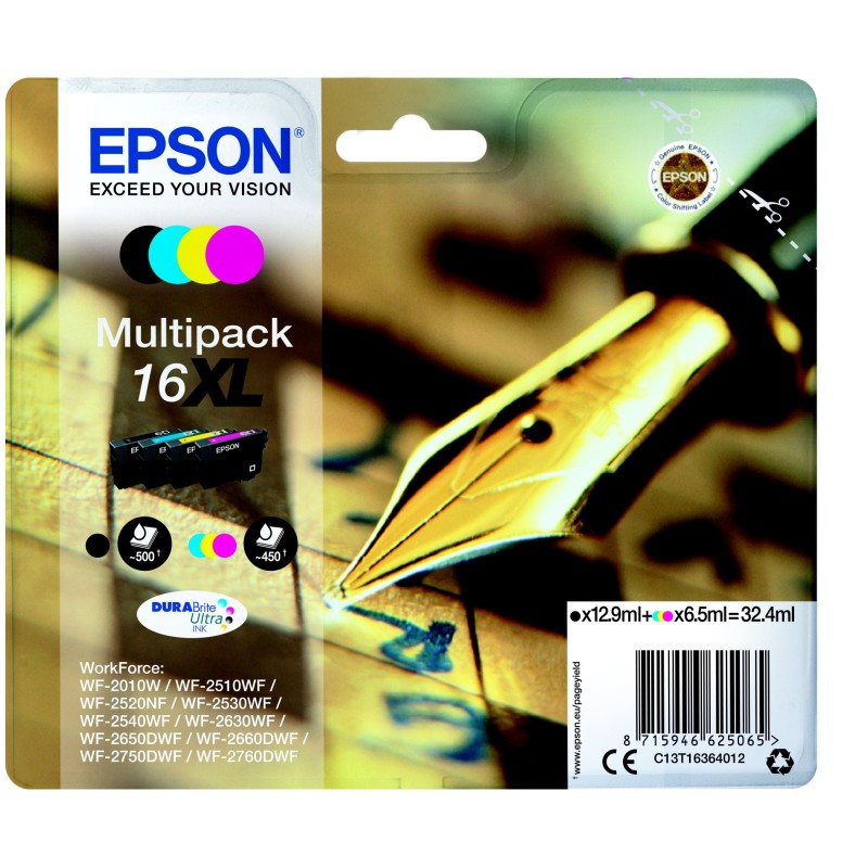 Epson 16 XL "Stylo à plume" Cartouche d'encre originale grande capacité DURABrite Ultra - Pack de 4 (Noir, Cyan, Magenta, Jaune)