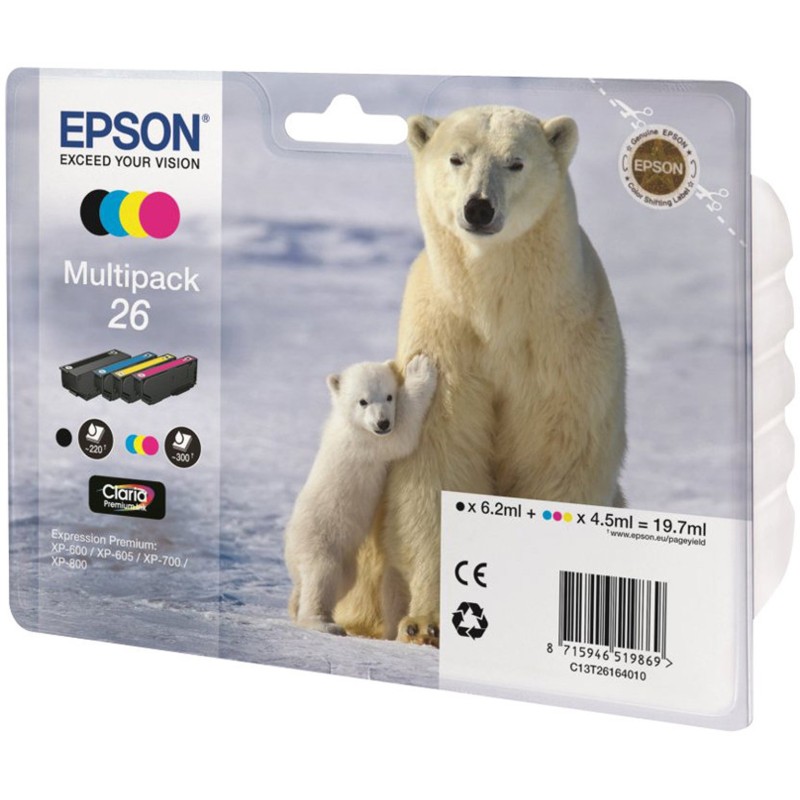 Epson 26 "Ours Polaire" Cartouche d'encre originale Claria Premium C13T26164010 - Pack de 4 (Noir, Cyan, Magenta, Jaune)