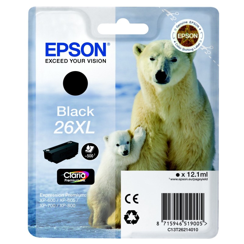 Epson 26 XL "Ours Polaire" Cartouche d'encre originale grande capacité Claria Premium C13T26214012 - Noir