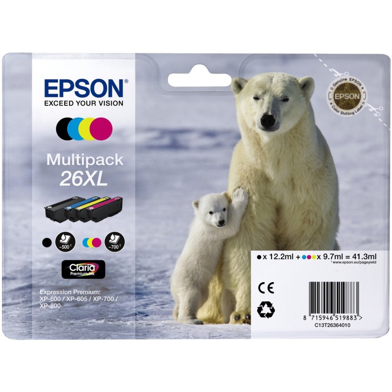 Epson 26 XL "Ours Polaire" Cartouche d'encre originale Claria Premium grande capacité C13T26364010 - Pack de 4 (Noir, Cyan, Magenta, Jaune)