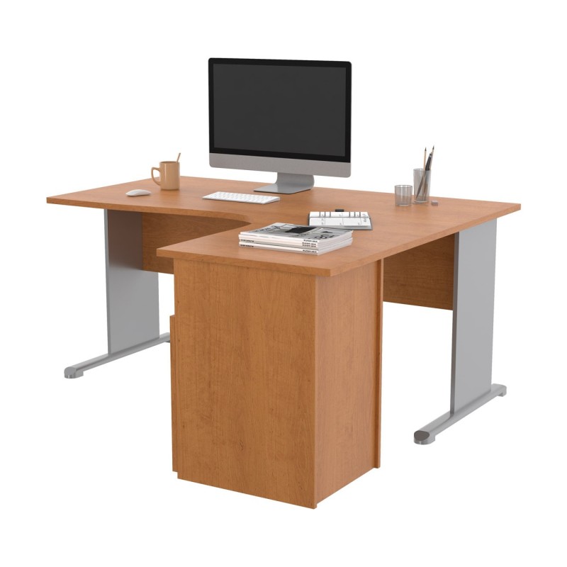 Pack Bureau d'angle compact retour à droite Pronto Bois - L.160 x P.100 cm - Plateau Aulne - Pieds L Aluminium + Caisson hauteur bureau