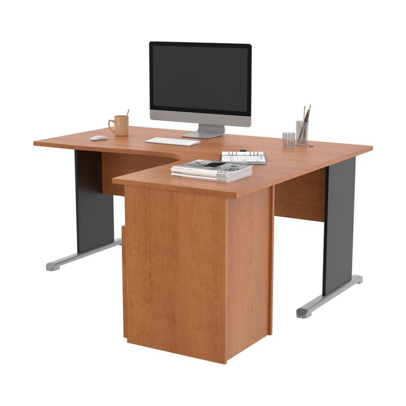 Pack Bureau d'angle compact retour à droite Pronto Bois - L.160 x P.100 cm - Plateau Aulne - Pieds L Noir + Caisson hauteur bureau